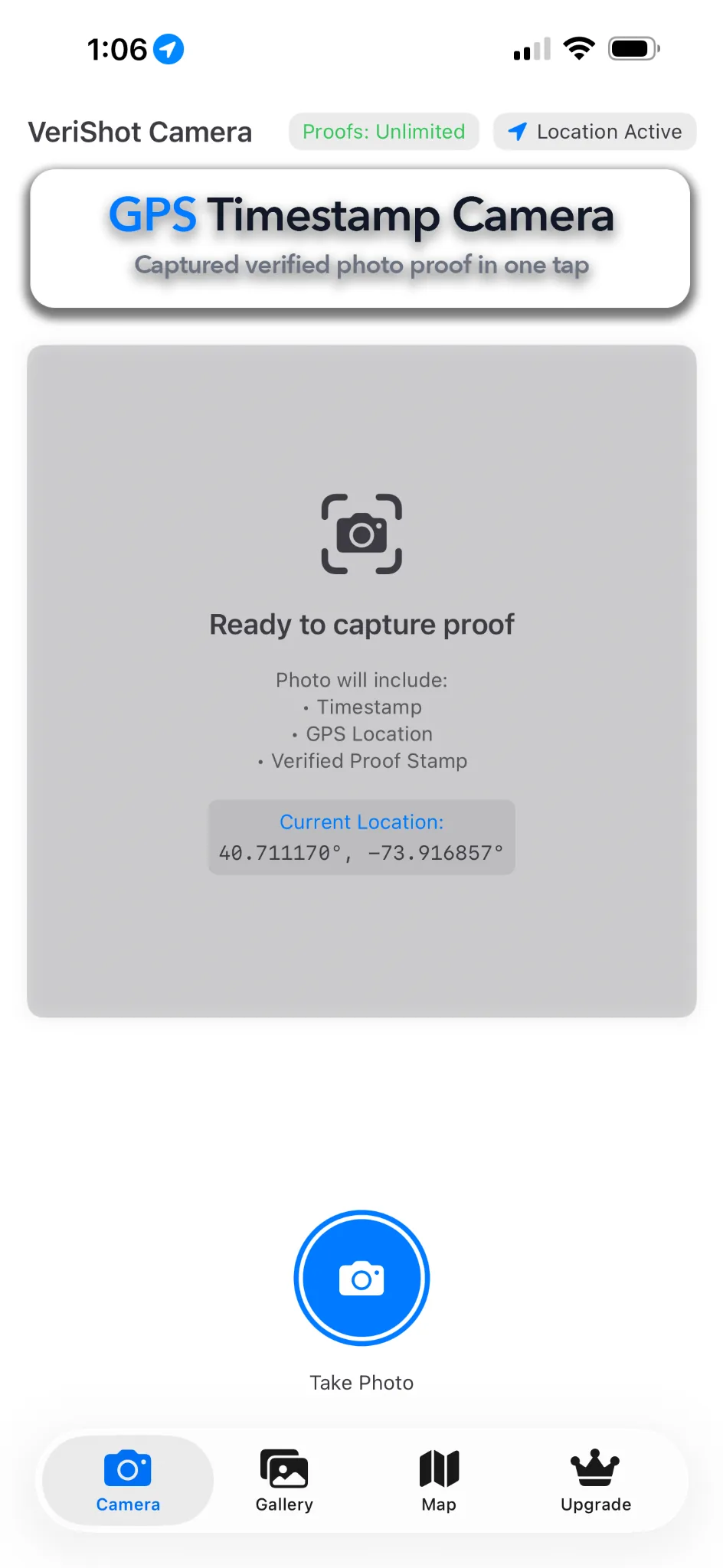 VeriShot camera screen showing GPS timestamp proof capture